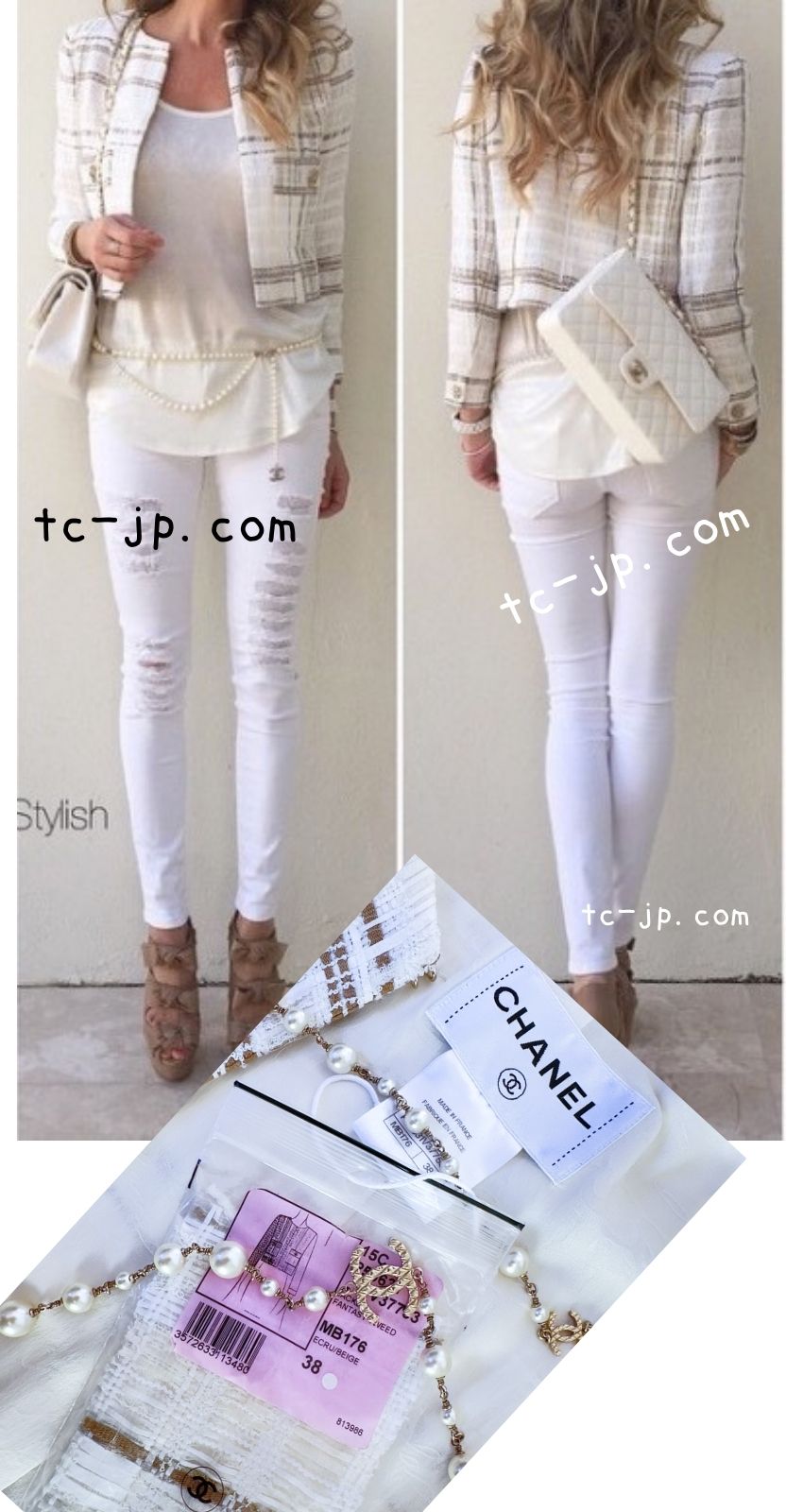 CHANEL 15C White Beige Dubai Lesage Tweed Collarless Jacket CC Gripoix Button 36 38 シャネル ホワイト ベージュ ルサージュ ツイード ドバイ ノーカラー ジャケット CCロゴ グリポア ボタン 即発