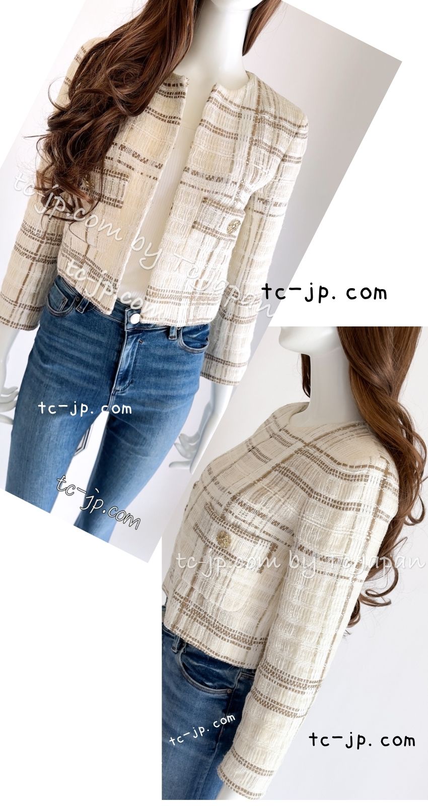 CHANEL 15C White Beige Dubai Lesage Tweed Collarless Jacket CC Gripoix Button 36 38 シャネル ホワイト ベージュ ルサージュ ツイード ドバイ ノーカラー ジャケット CCロゴ グリポア ボタン 即発