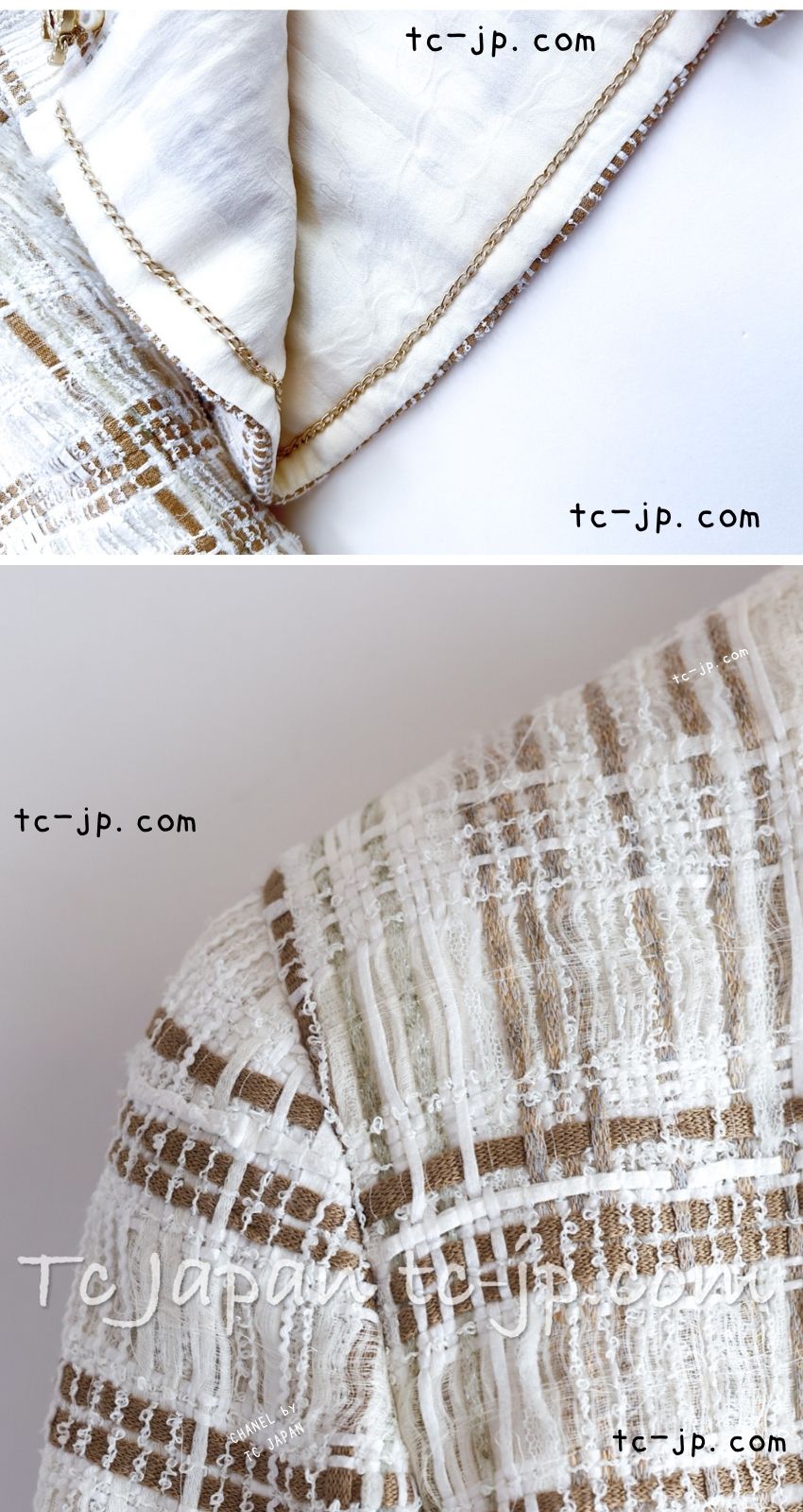 CHANEL 15C White Beige Dubai Lesage Tweed Collarless Jacket CC Gripoix Button 36 38 シャネル ホワイト ベージュ ルサージュ ツイード ドバイ ノーカラー ジャケット CCロゴ グリポア ボタン 即発