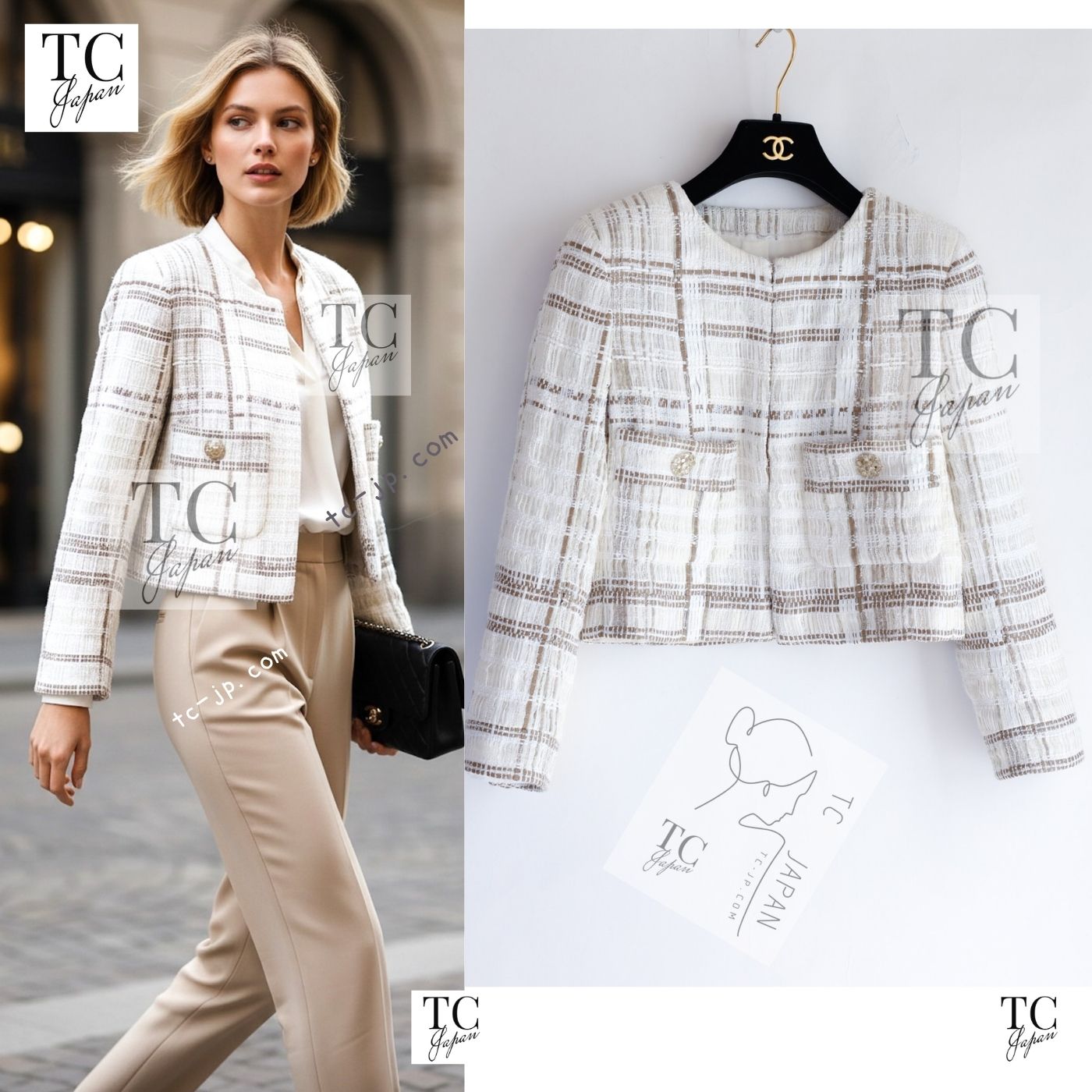 CHANEL 15C White Beige Dubai Lesage Tweed Collarless Jacket CC Gripoix Button 36 38 シャネル ホワイト ベージュ ルサージュ ツイード ドバイ ノーカラー ジャケット CCロゴ グリポア ボタン 即発