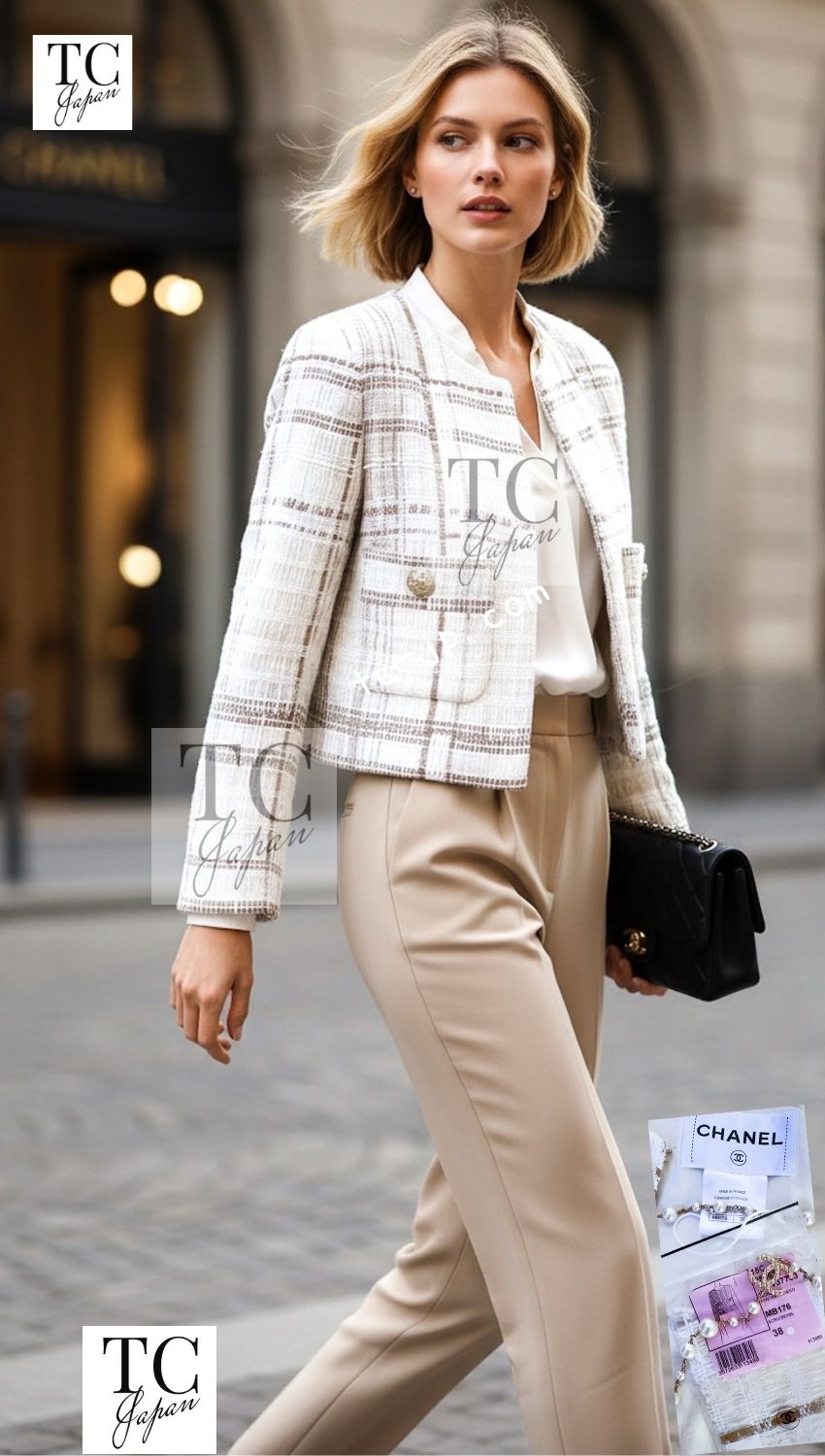 CHANEL 15C White Beige Dubai Lesage Tweed Collarless Jacket CC Gripoix Button 36 38 シャネル ホワイト ベージュ ルサージュ ツイード ドバイ ノーカラー ジャケット CCロゴ グリポア ボタン 即発