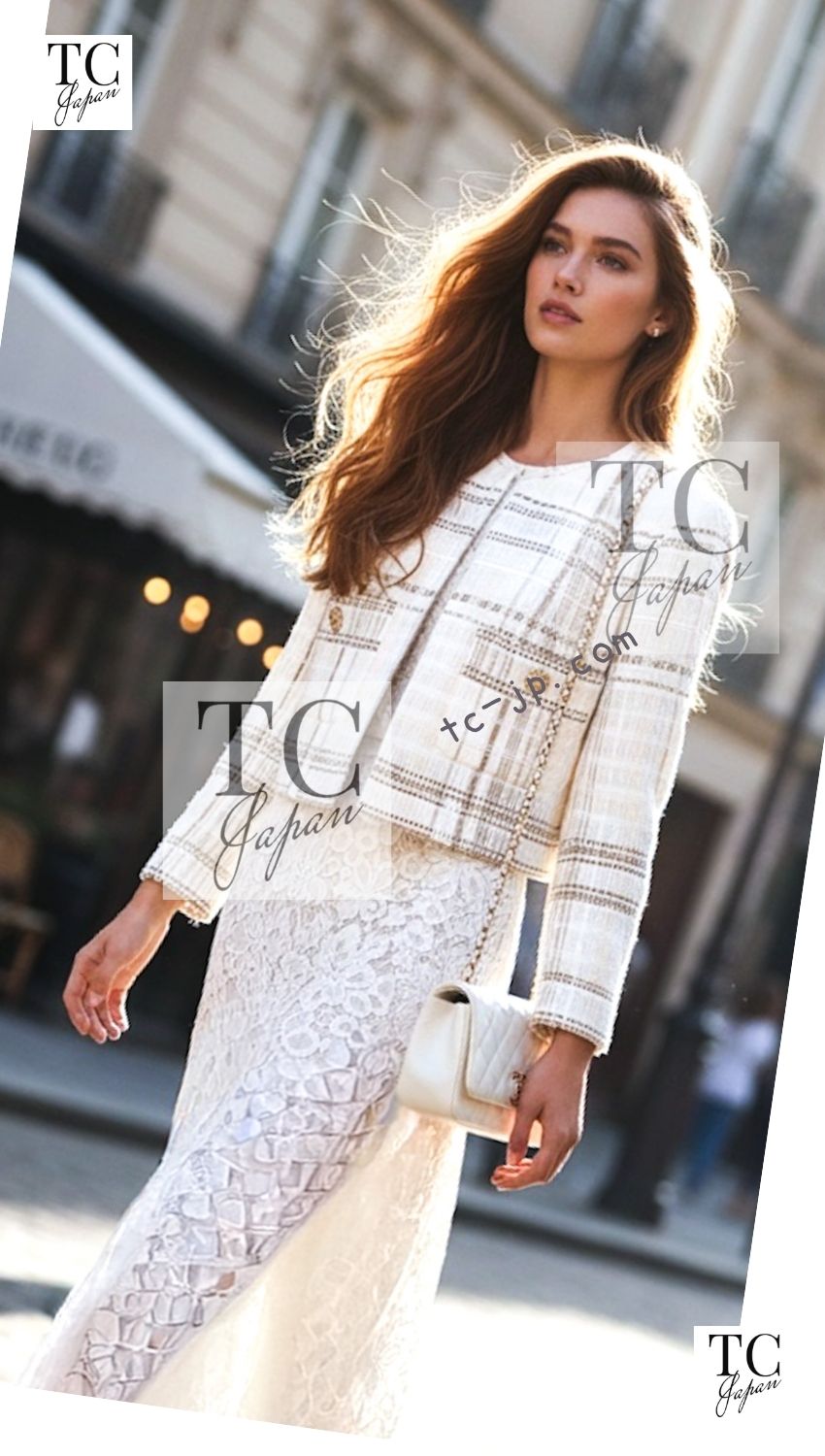 CHANEL 15C White Beige Dubai Lesage Tweed Collarless Jacket CC Gripoix Button 36 38 シャネル ホワイト ベージュ ルサージュ ツイード ドバイ ノーカラー ジャケット CCロゴ グリポア ボタン 即発