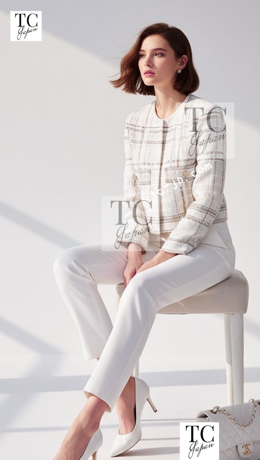 CHANEL 15C White Beige Dubai Lesage Tweed Collarless Jacket CC Gripoix Button 36 38 シャネル ホワイト ベージュ ルサージュ ツイード ドバイ ノーカラー ジャケット CCロゴ グリポア ボタン 即発