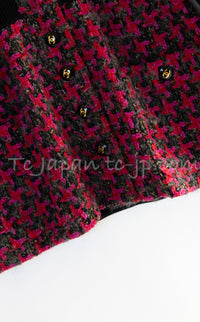 CHANEL 92A Black Red Pink Wool Tweed Leather Knit Jacket Cardigan Big CC button 40 42 シャネル ブラック レッド ピンク レザー ウール ツイード ニット ジャケット  カーディガン 大きめCCボタン 即発