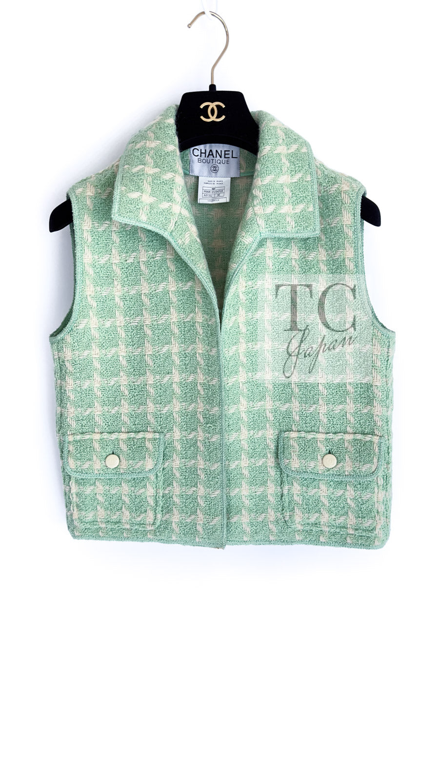 CHANEL 96S Vintage Green Ivory Wool Vest Jacket 38 40 シャネル ヴィンテージ グリーン アイボリー スーパーモデル ウール ベスト ジャケット 即発