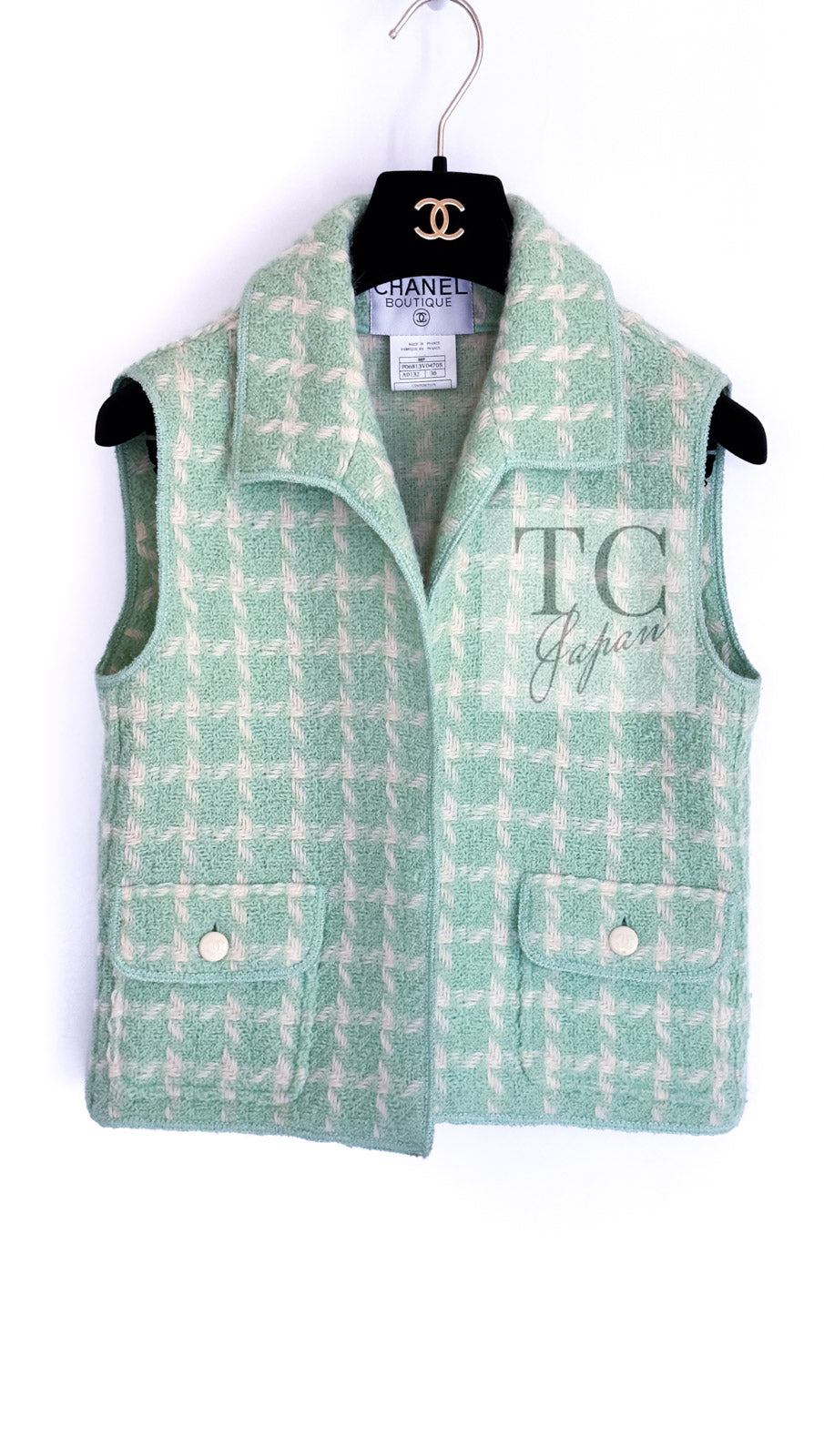 CHANEL 96S Vintage Green Ivory Wool Vest Jacket 38 40 シャネル ヴィンテージ グリーン アイボリー スーパーモデル ウール ベスト ジャケット 即発