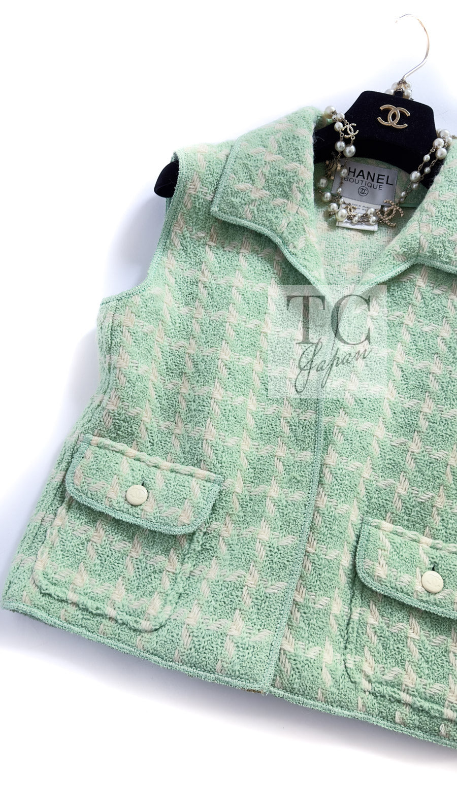 CHANEL 96S Vintage Green Ivory Wool Vest Jacket 38 40 シャネル ヴィンテージ グリーン アイボリー スーパーモデル ウール ベスト ジャケット 即発