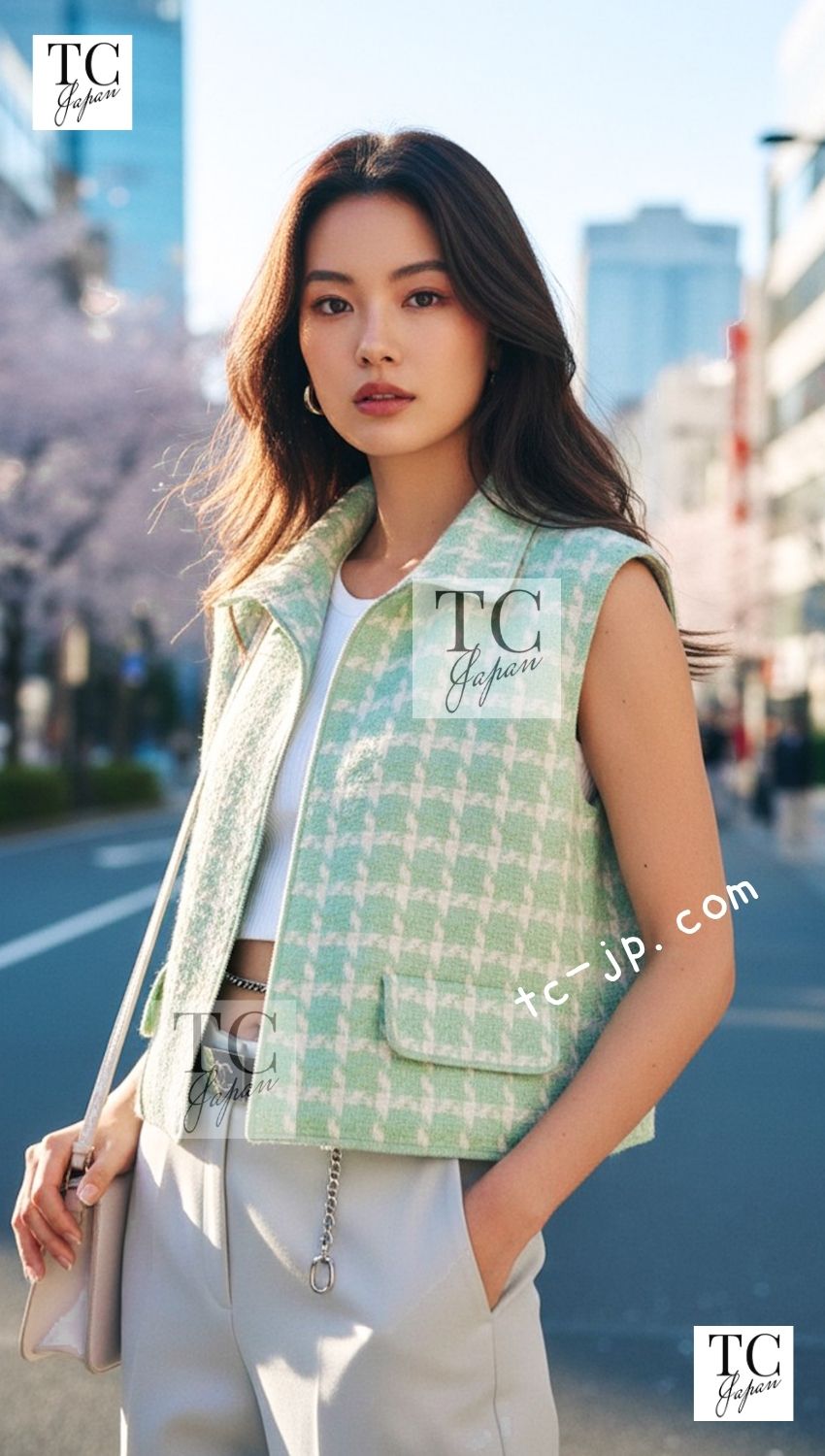 CHANEL 96S Vintage Green Ivory Wool Vest Jacket 38 40 シャネル ヴィンテージ グリーン アイボリー スーパーモデル ウール ベスト ジャケット 即発