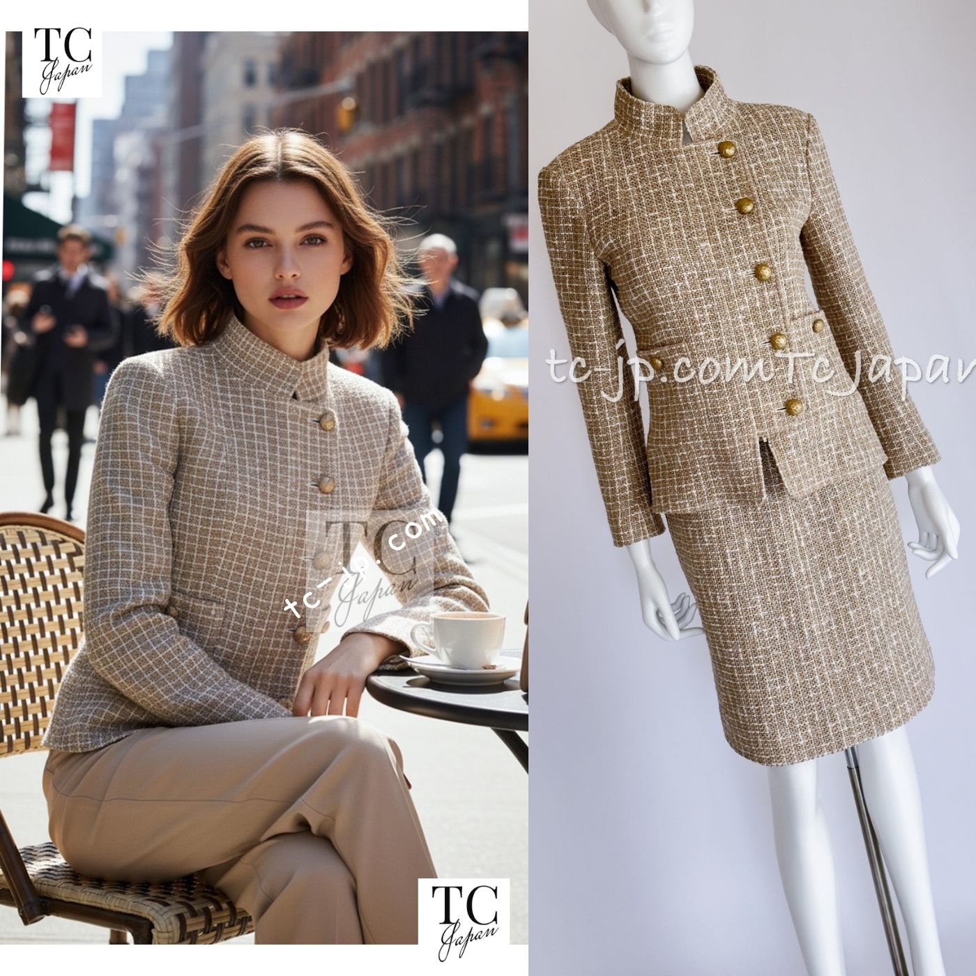 CHANEL 15S Beige Ecru Ivory Cotton Tweed Jacket Skirt Suit 36 38 1