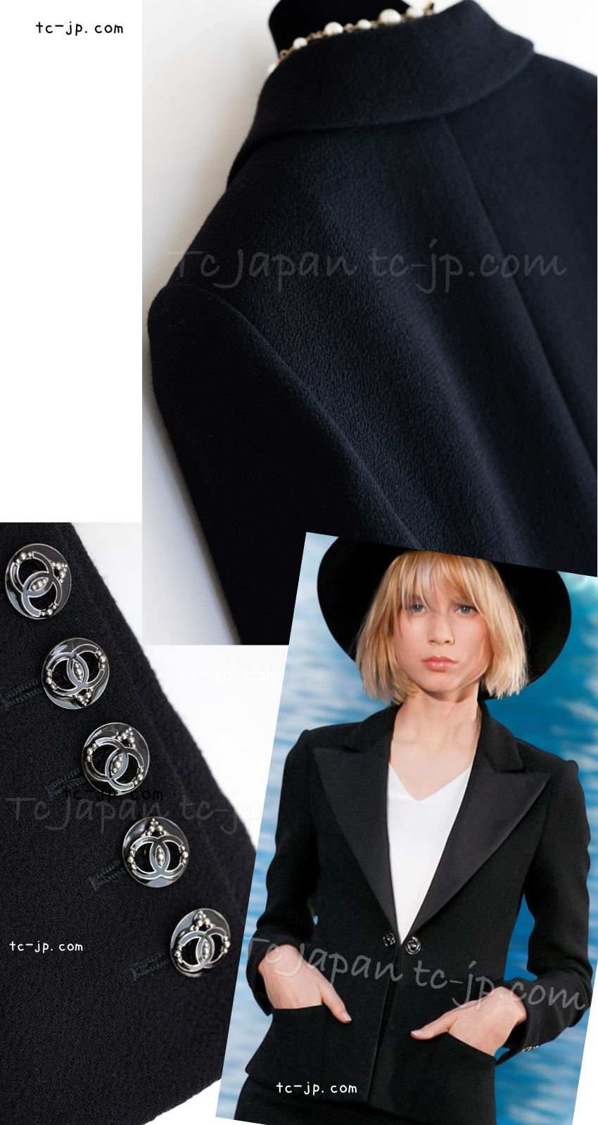 CHANEL 09C Black Wool Silk Collar Jacket Heart CC Logo Button 34 シャネル ブラック ハート ココボタン ウール シルク襟 ジャケット 即発