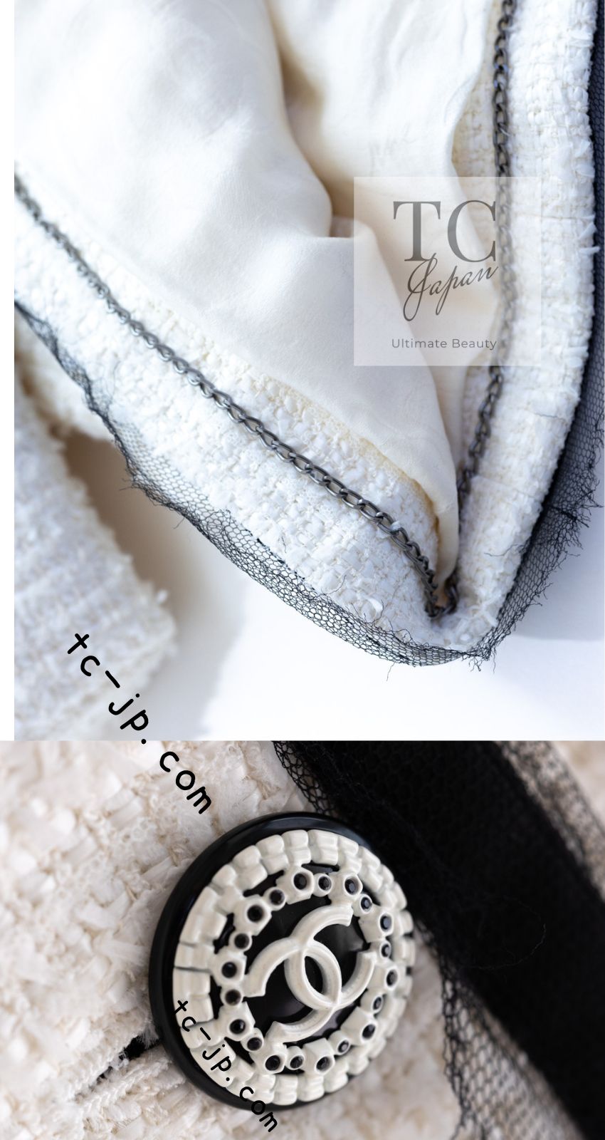CHANEL 09S White Ivory Black Trim CC Button Jacket 40 シャネル ホワイト アイボリー ブラック トリム CC ココボタン ジャケット 即発
