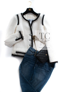 CHANEL 09S White Ivory Black Trim CC Button Jacket 40 シャネル ホワイト アイボリー ブラック トリム CC ココボタン ジャケット 即発
