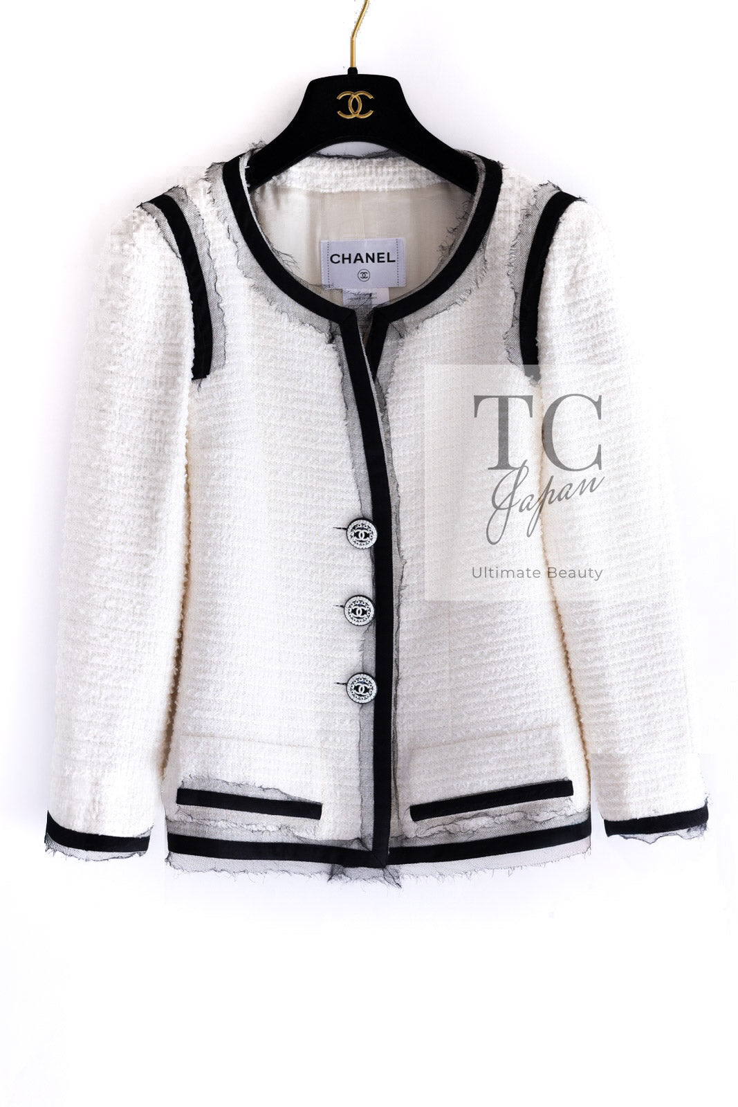 CHANEL 09S White Ivory Black Trim CC Button Jacket 40 シャネル ホワイト アイボリー ブラック トリム CC ココボタン ジャケット 即発