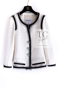 CHANEL 09S White Ivory Black Trim CC Button Jacket 40 シャネル ホワイト アイボリー ブラック トリム CC ココボタン ジャケット 即発