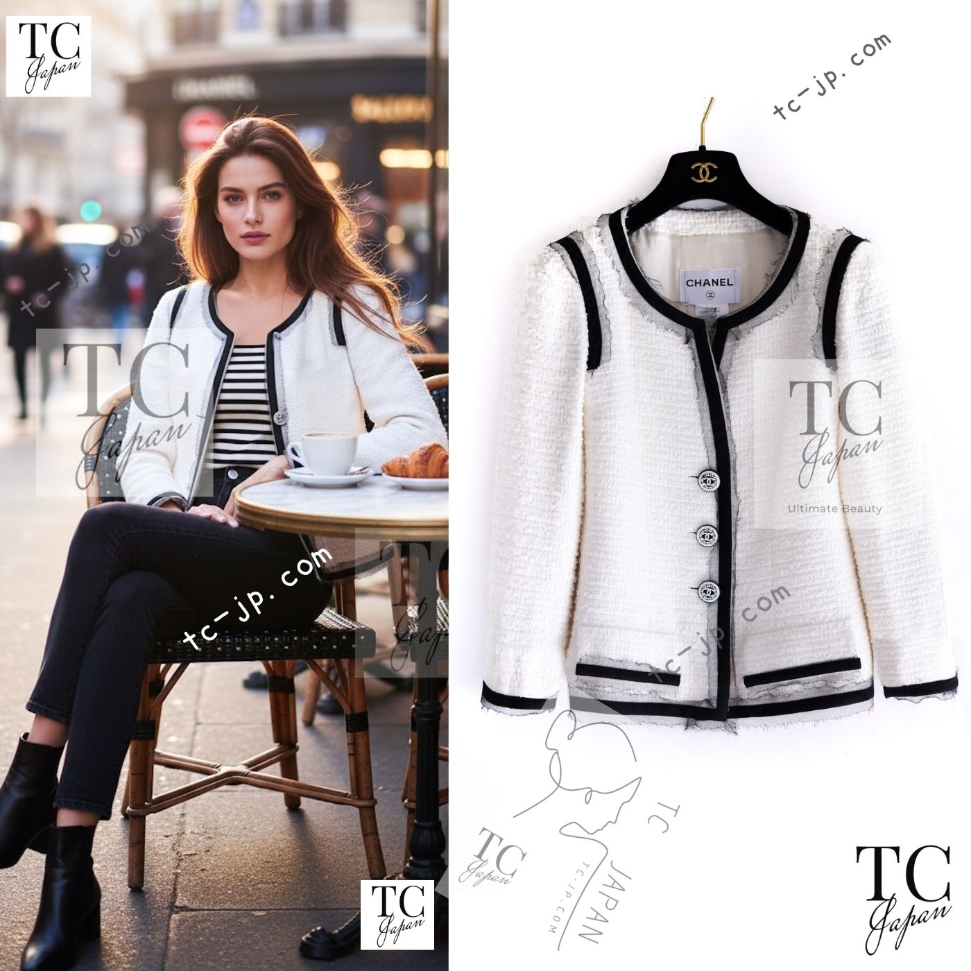 CHANEL 09S White Ivory Black Trim CC Button Jacket 40 シャネル ホワイト アイボリー ブラック トリム CC ココボタン ジャケット 即発