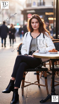 CHANEL 09S White Ivory Black Trim CC Button Jacket 40 シャネル ホワイト アイボリー ブラック トリム CC ココボタン ジャケット 即発