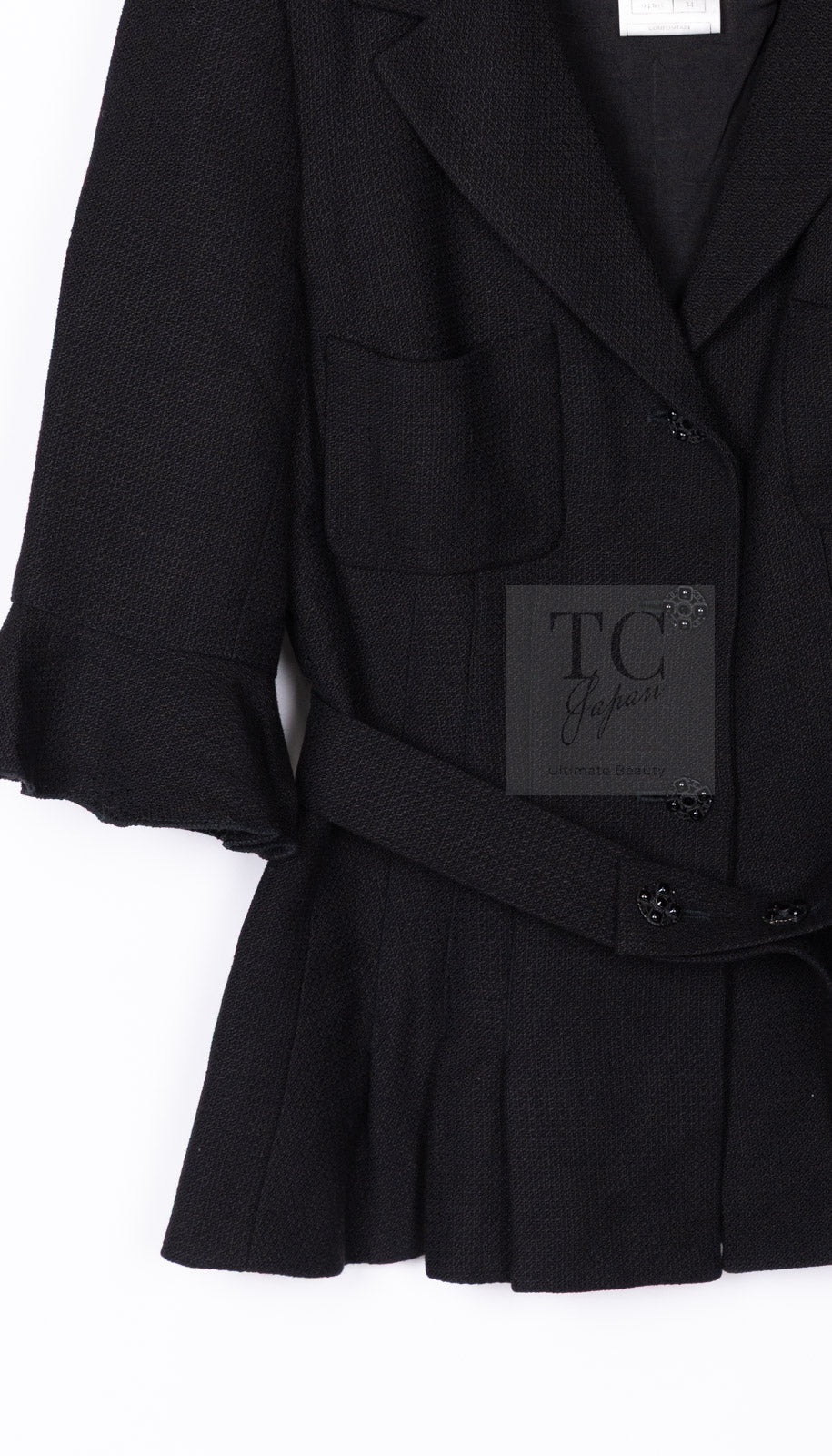 CHANEL 07C Black Wool Silk Ruffle Trim Jacket Skirt Suit 34 38 シャネル ブラック ウール シルク ラッフル トリム ジャケット スカート スーツ 即発