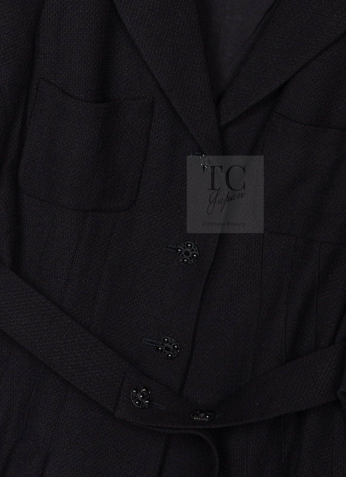 CHANEL 07C Black Wool Silk Ruffle Trim Jacket Skirt Suit 34 38 シャネル ブラック ウール シルク ラッフル トリム ジャケット スカート スーツ 即発