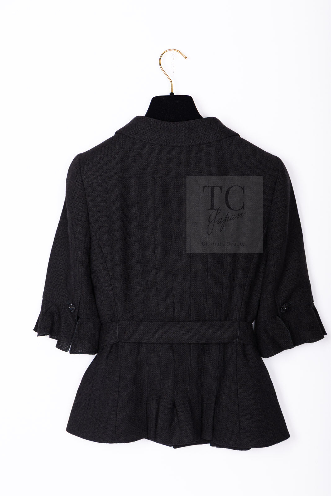 CHANEL 07C Black Wool Silk Ruffle Trim Jacket Skirt Suit 34 38 シャネル ブラック ウール シルク ラッフル トリム ジャケット スカート スーツ 即発