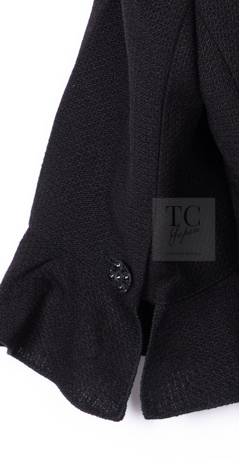 CHANEL 07C Black Wool Silk Ruffle Trim Jacket Skirt Suit 34 38 シャネル ブラック ウール シルク ラッフル トリム ジャケット スカート スーツ 即発
