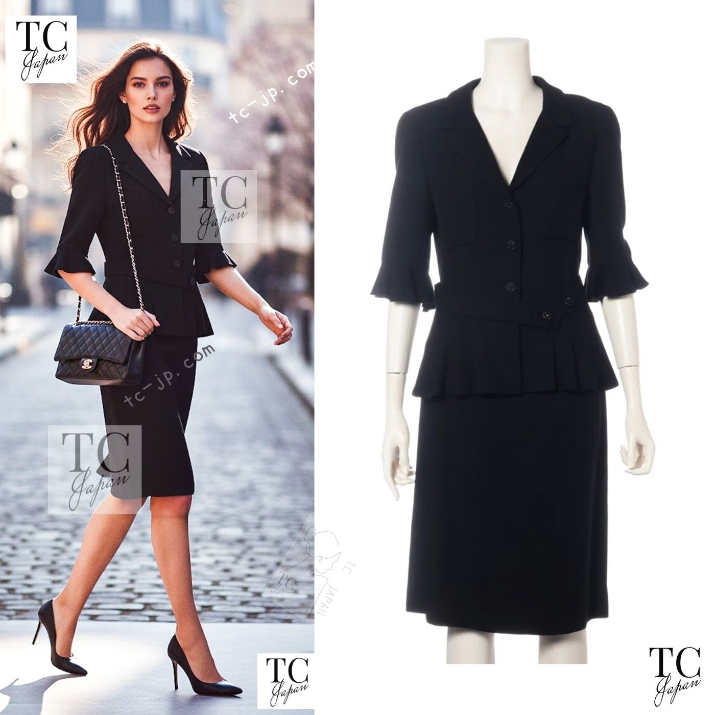 CHANEL 07C Black Wool Silk Ruffle Trim Jacket Skirt Suit 34 38 シャネル ブラック ウール シルク ラッフル トリム ジャケット スカート スーツ 即発