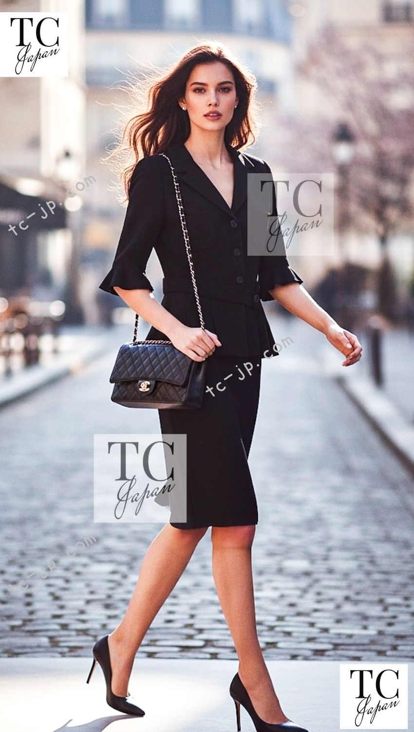 CHANEL 07C Black Wool Silk Ruffle Trim Jacket Skirt Suit 34 38 シャネル ブラック ウール シルク ラッフル トリム ジャケット スカート スーツ 即発 - TC JAPAN