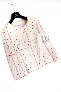 CHANEL 00C Vintage Beige Ivory Swarovski Red Beads Cotton Jacket Skirt Tops Set Up Suit 36 14
