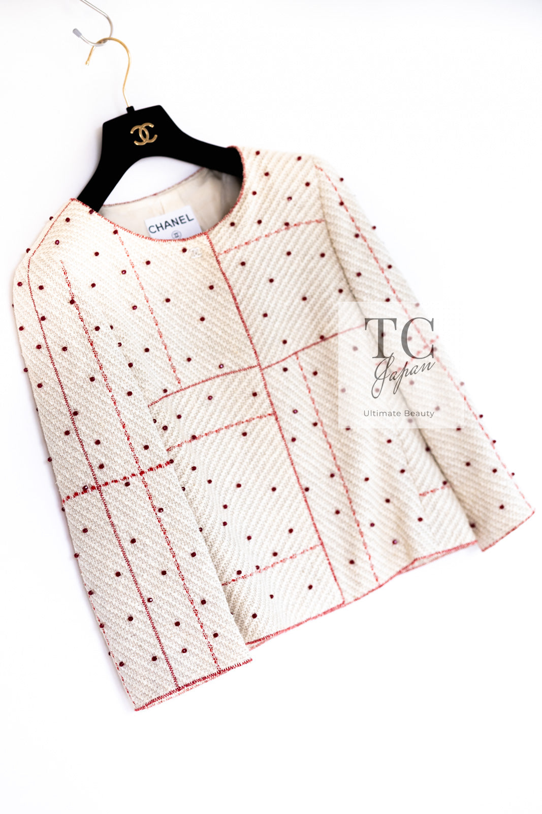 CHANEL 00C Vintage Beige Ivory Swarovski Red Beads Cotton Jacket Skirt Tops Set Up Suit 36 14