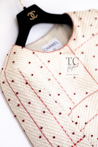 CHANEL 00C Vintage Beige Ivory Swarovski Red Beads Cotton Jacket Skirt Tops Set Up Suit 36 3
