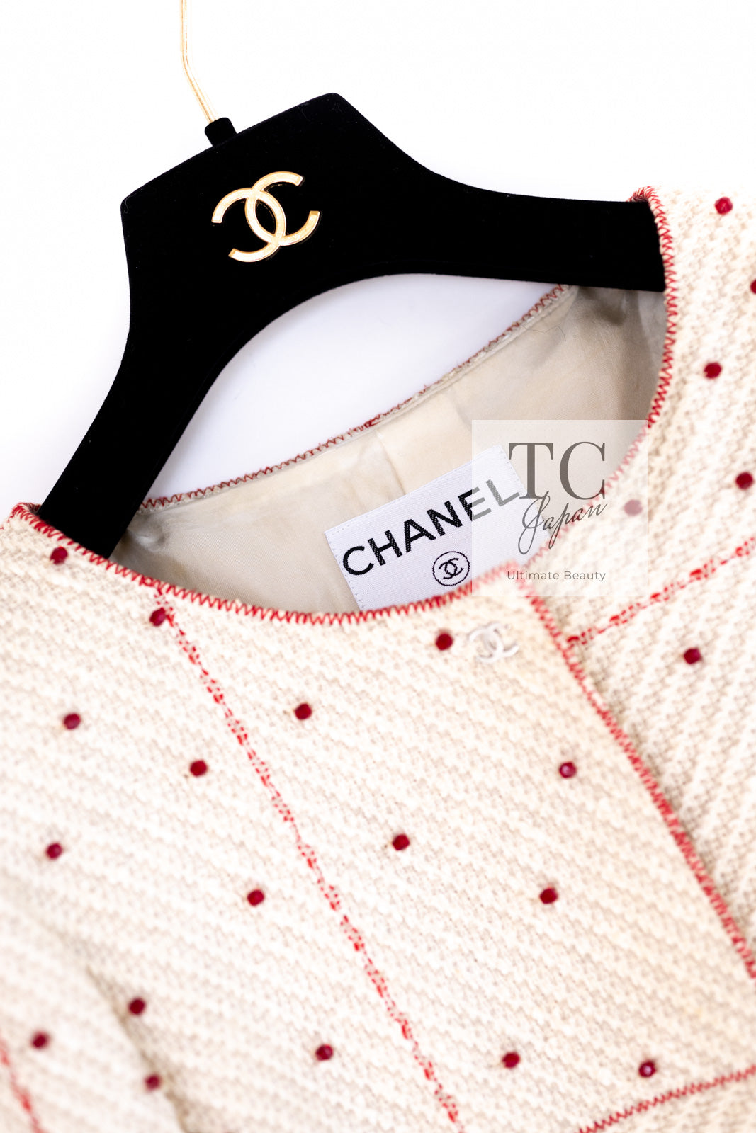 シャネル スーツ ジャケット CHANEL 00C ヴィンテージ ベージュ アイボリー レッド コットン スワロフスキー ビーズ 36