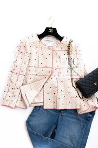CHANEL 00C Vintage Beige Ivory Swarovski Red Beads Cotton Jacket Skirt Tops Set Up Suit 36 15