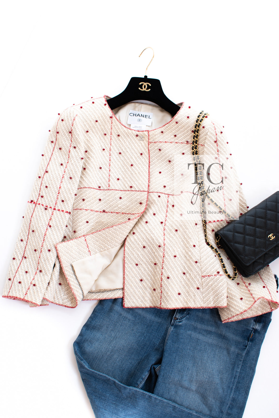 CHANEL 00C Vintage Beige Ivory Swarovski Red Beads Cotton Jacket Skirt Tops Set Up Suit 36 15