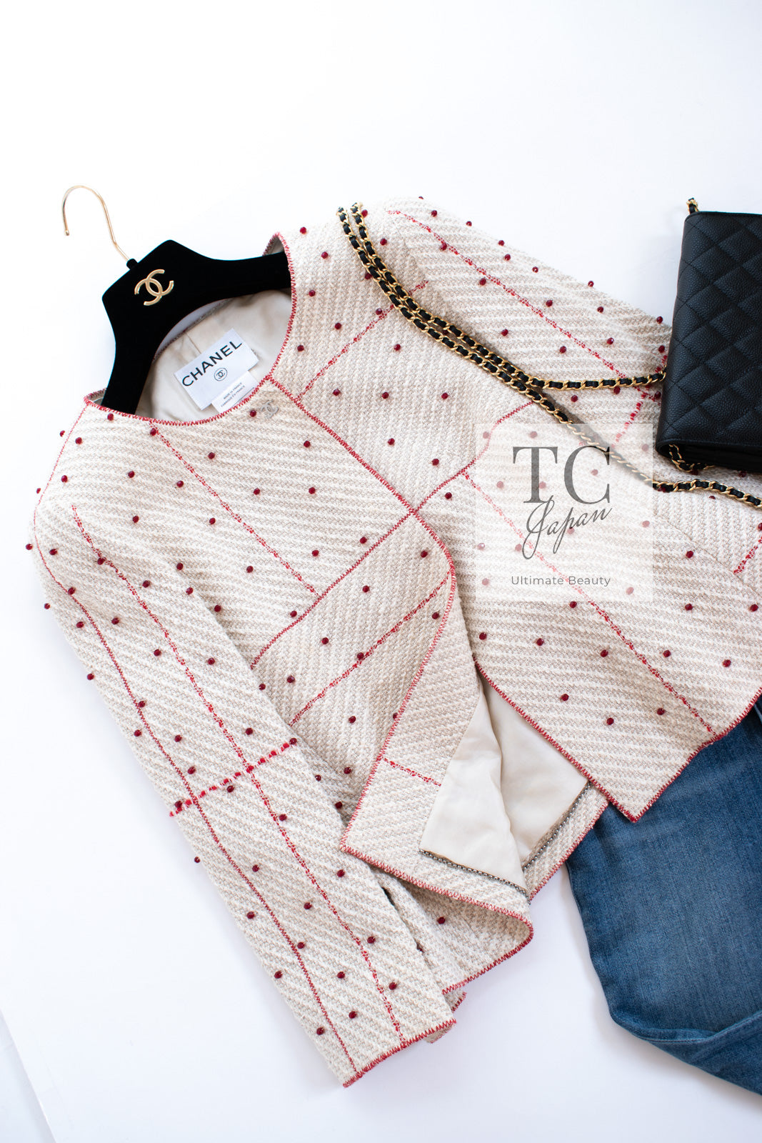 シャネル スーツ ジャケット CHANEL 00C ヴィンテージ ベージュ アイボリー レッド コットン スワロフスキー ビーズ 36