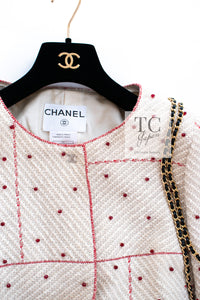 シャネル スーツ ジャケット CHANEL 00C ヴィンテージ ベージュ アイボリー レッド コットン スワロフスキー ビーズ 36