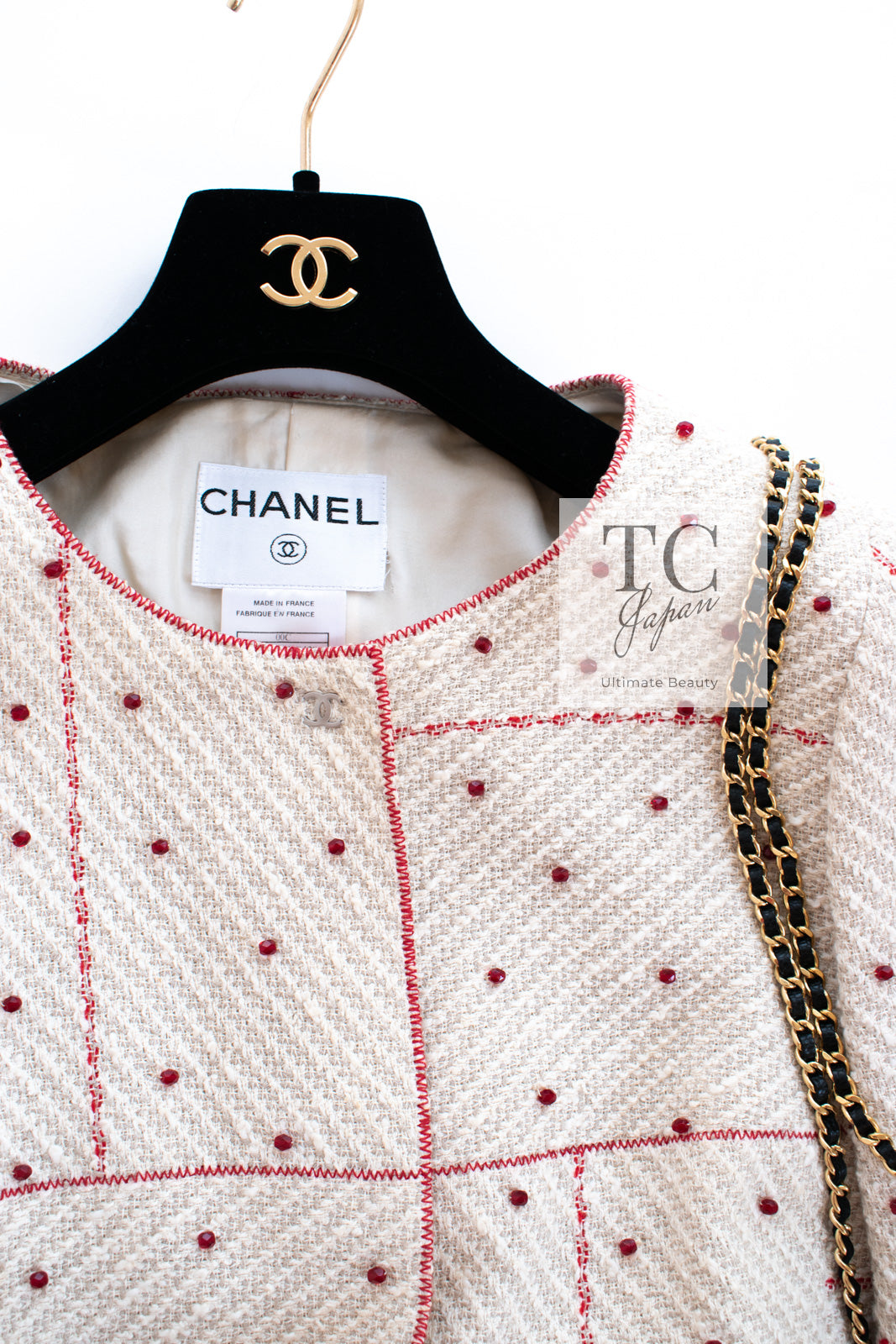 シャネル スーツ ジャケット CHANEL 00C ヴィンテージ ベージュ アイボリー レッド コットン スワロフスキー ビーズ 36