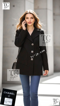 CHANEL 11PF Black Wool Gripox Square Buttons Jacket Pea Coat 44 シャネル ブラック ウール グリポワ スクエア ココ ボタン ジャケット ピー コート