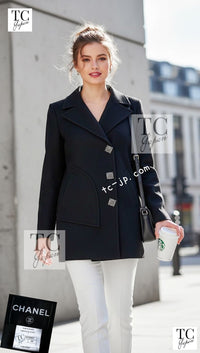 CHANEL 11PF Black Wool Gripox Square Buttons Jacket Pea Coat 44 シャネル ブラック ウール グリポワ スクエア ココ ボタン ジャケット ピー コート