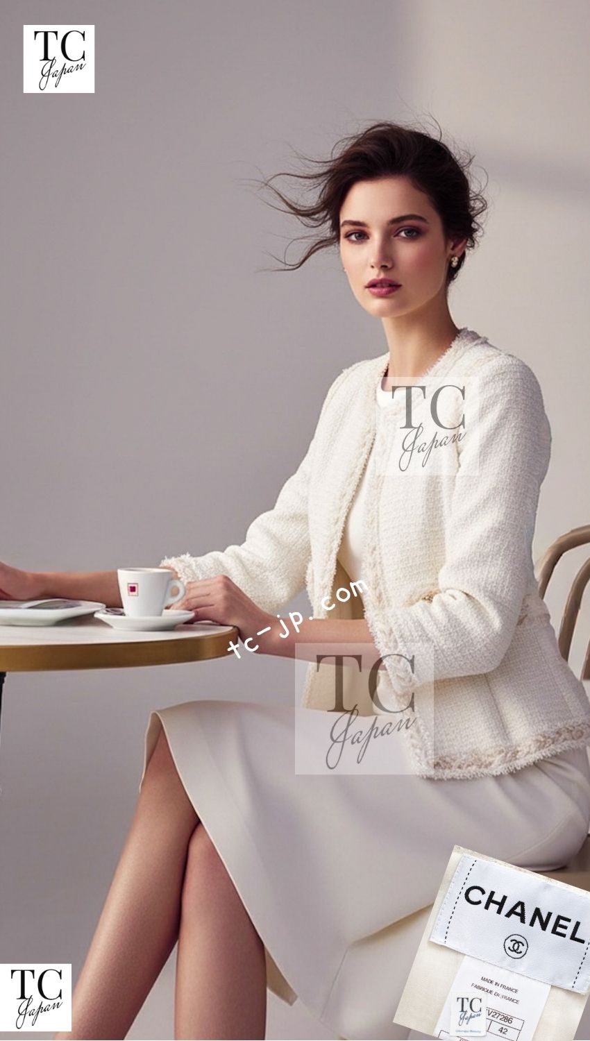 CHANEL 10C Ivory Creme Braid Trim Belt Tweed Jacket 42 シャネル アイボリー クリーム ブレイド トリム ベルト ツイード ジャケット 即発