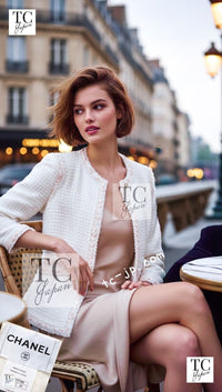 CHANEL 10C Ivory Creme Braid Trim Belt Tweed Jacket 42 シャネル アイボリー クリーム ブレイド トリム ベルト ツイード ジャケット 即発