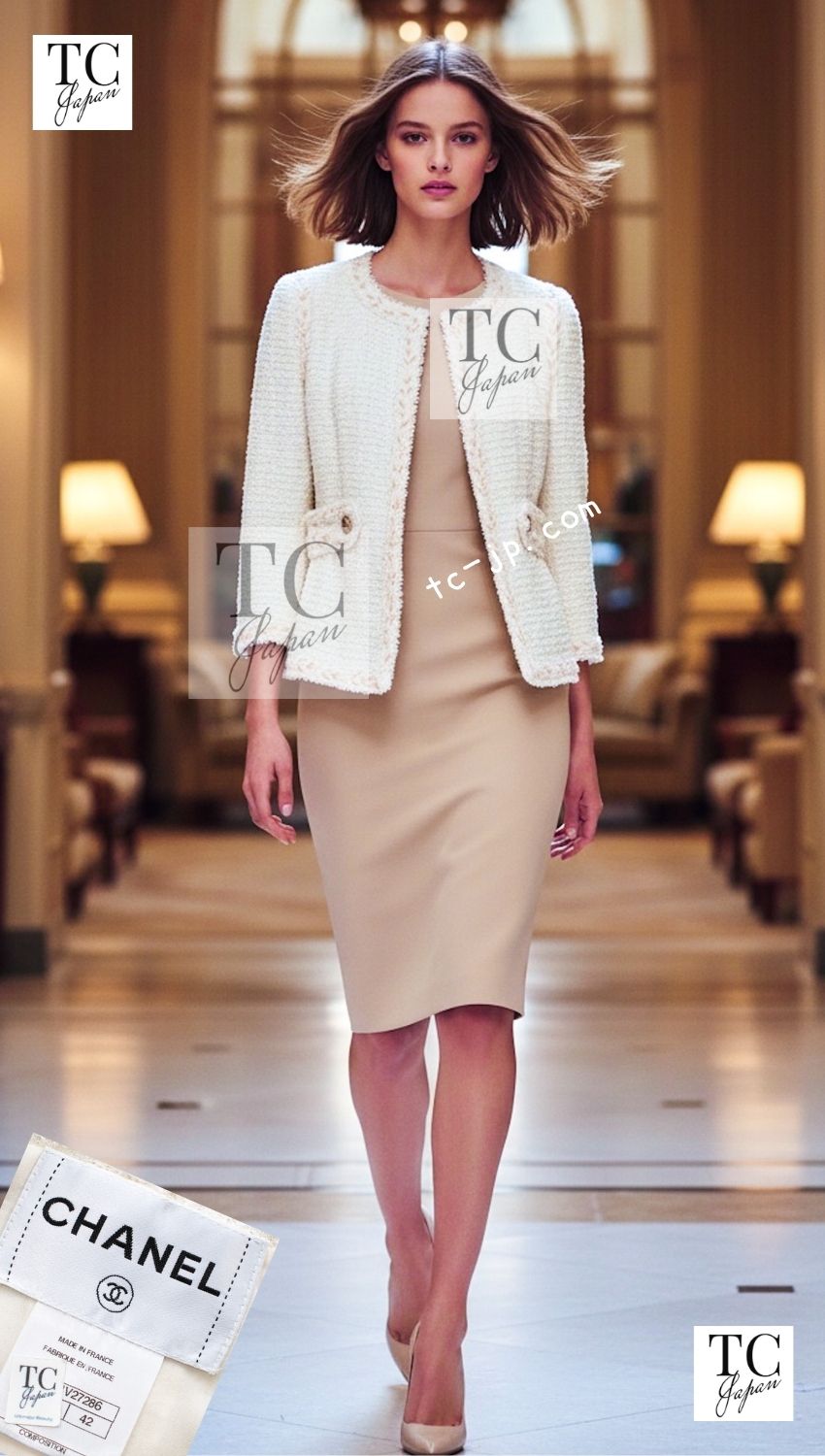 CHANEL 10C Ivory Creme Braid Trim Belt Tweed Jacket 42 シャネル アイボリー クリーム ブレイド トリム ベルト ツイード ジャケット 即発