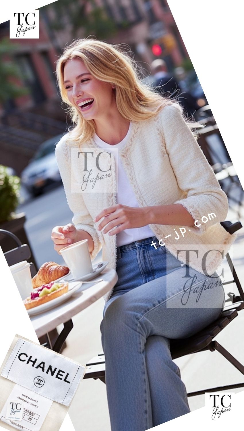 CHANEL 10C Ivory Creme Braid Trim Belt Tweed Jacket 42 シャネル アイボリー クリーム ブレイド トリム ベルト ツイード ジャケット 即発