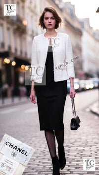 CHANEL 10C Ivory Creme Braid Trim Belt Tweed Jacket 42 シャネル アイボリー クリーム ブレイド トリム ベルト ツイード ジャケット 即発