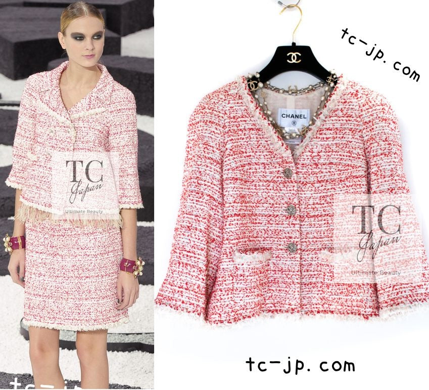 シャネル ジャケット CHANEL レッド ホワイト フリンジ トリム