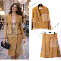 CHANEL 14PF Beige Brown Wool Cotton Tweed Jacket Skirt Suit 44 シャネル ベージュ ブラウン ウール コットン ツイード ジャケット スカート スーツ 即発