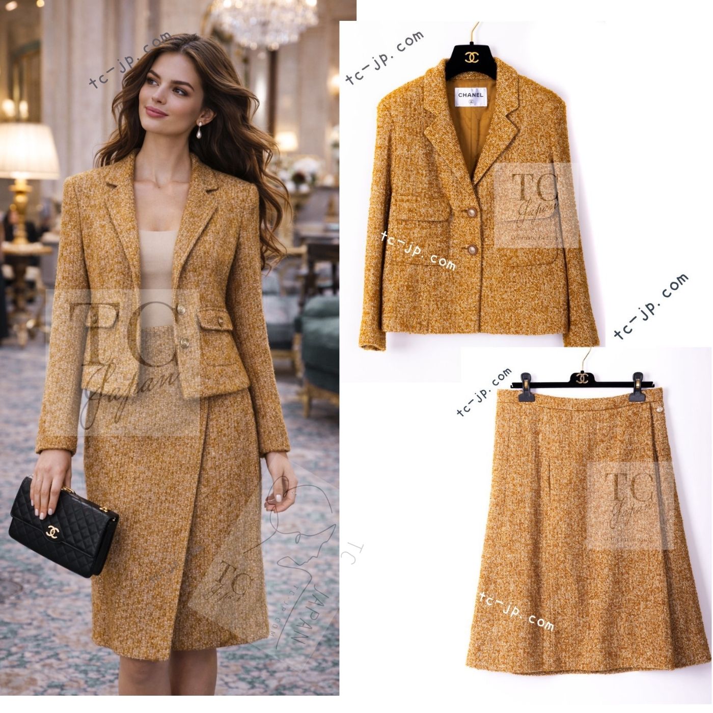 CHANEL 14PF Beige Brown Wool Cotton Tweed Jacket Skirt Suit 44 シャネル ベージュ ブラウン ウール コットン ツイード ジャケット スカート スーツ 即発