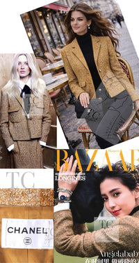 CHANEL 14PF Beige Brown Wool Cotton Tweed Jacket Skirt Suit 44 シャネル ベージュ ブラウン ウール コットン ツイード ジャケット スカート スーツ 即発