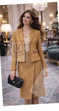 CHANEL 14PF Beige Brown Wool Cotton Tweed Jacket Skirt Suit 44 シャネル ベージュ ブラウン ウール コットン ツイード ジャケット スカート スーツ 即発