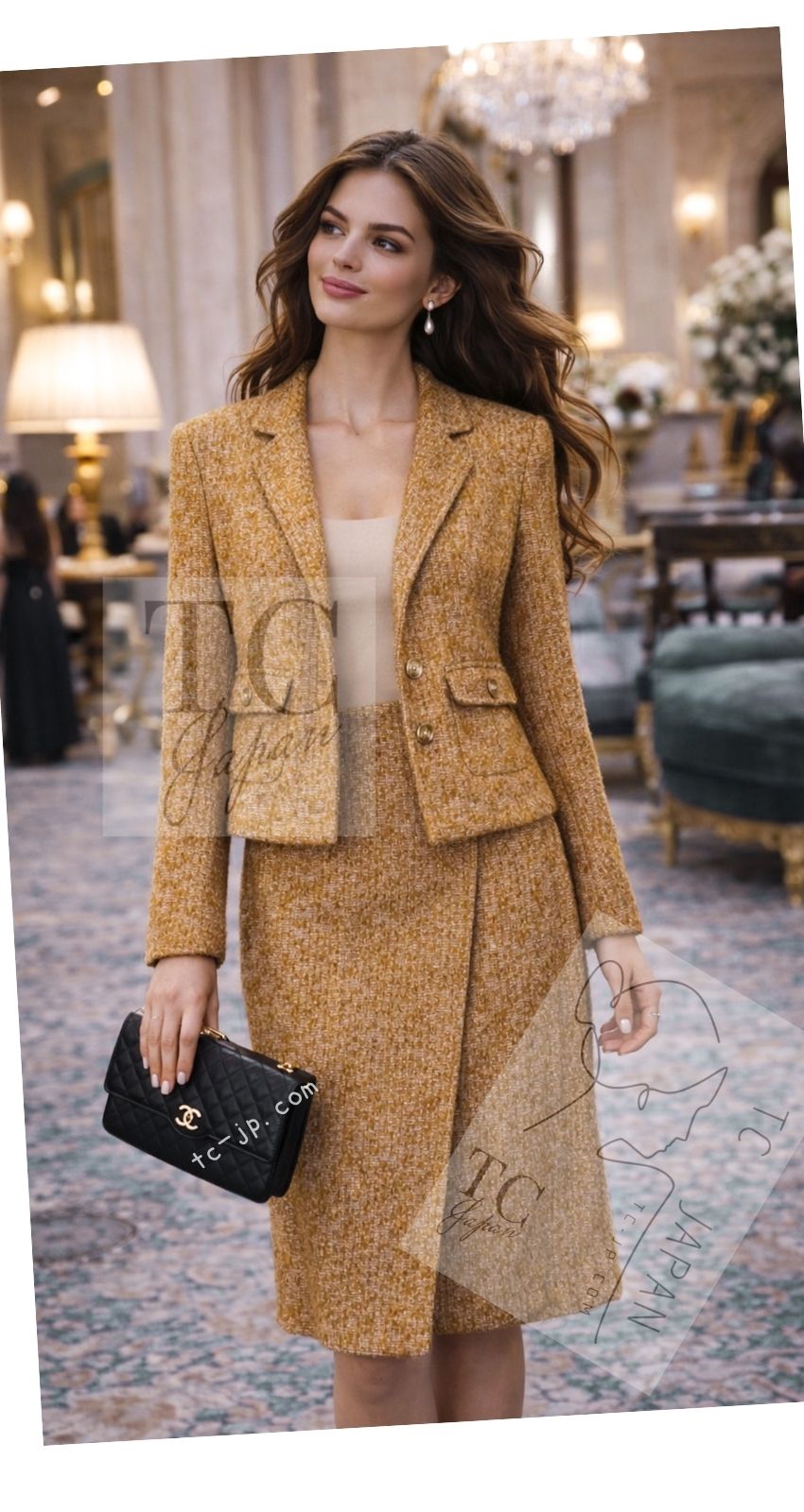 CHANEL 14PF Beige Brown Wool Cotton Tweed Jacket Skirt Suit 44 シャネル ベージュ ブラウン ウール コットン ツイード ジャケット スカート スーツ 即発