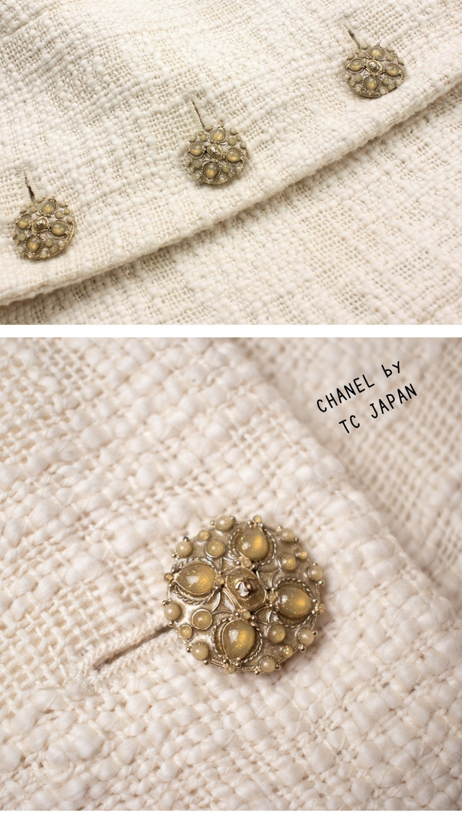 CHANEL ivory tweed jacket with jewel buttons close-up