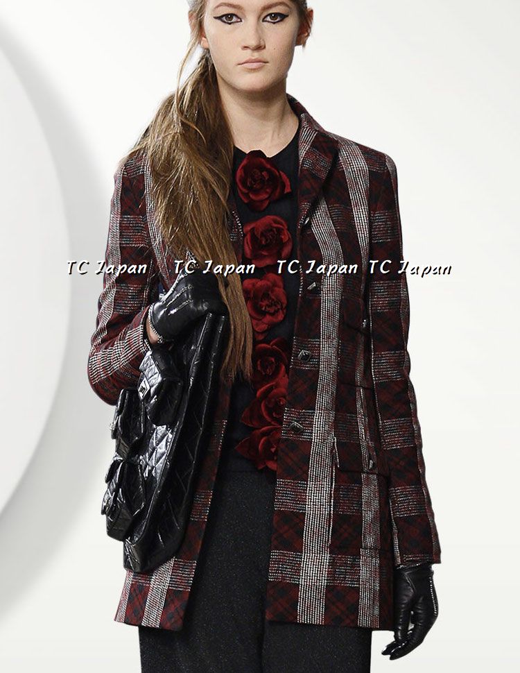 シャネル ジャケット CHANEL バーガンディ ブラック タータン シャネル ジャケット CHANEL バーガンディ ブラック タータン